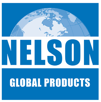 A blue and white logo of nelson global products.